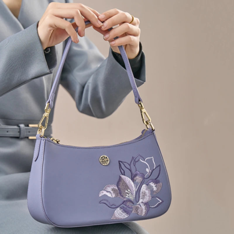 Embroidery Leather Red Shoulder Bag Peony Women's Hobo Handbag - 图片 8