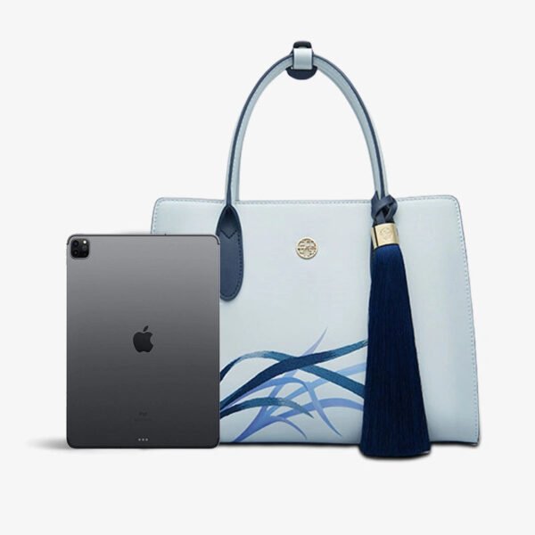 Embroidery Leather Tote Bag Blue Orchid with Pendant - 图片 6