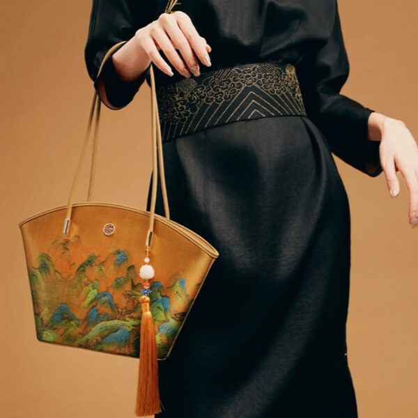 Chinese Painting Mulberry Silk Tote Bag Green Women Handbag - 图片 4
