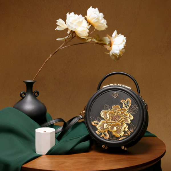 Embroidery Leather Round Handbag High Luxury Royal Gold Peony - 图片 18