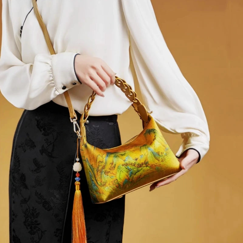 Chinese Painting Xiangyunsha Silk Shoulder Bag Designer Handbag - 图片 4