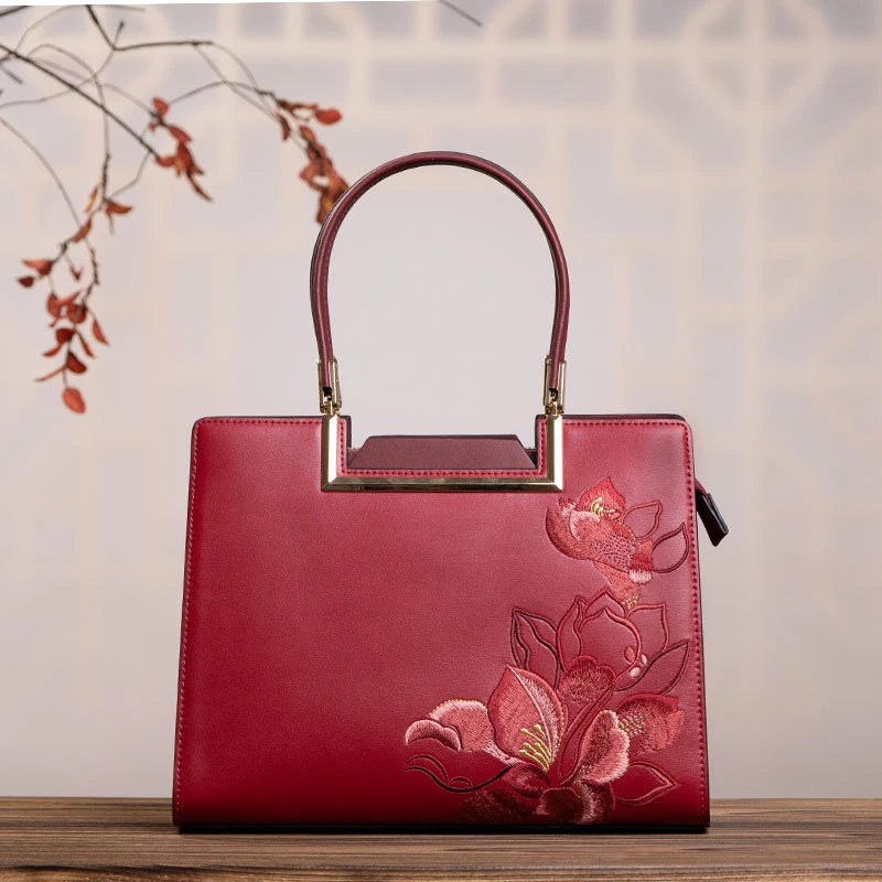 Sinocultural Embroidery Leather Red Tote Bag Magnolia Women's Handbag - 图片 5