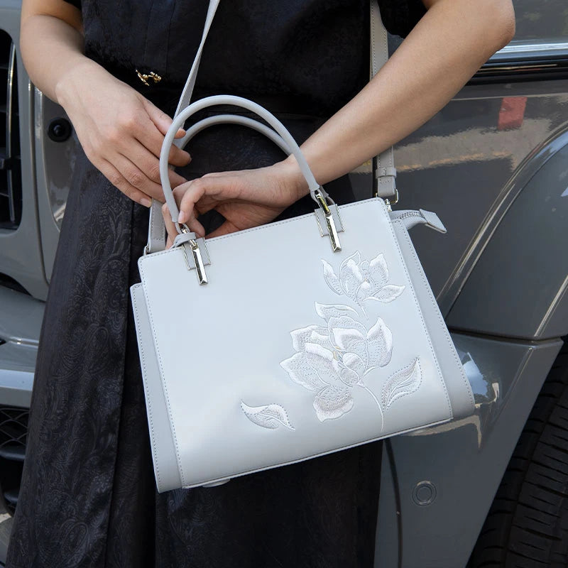 Embroidery Leather Magnolia Crossbody Tote Bag Women Handbag - 图片 10