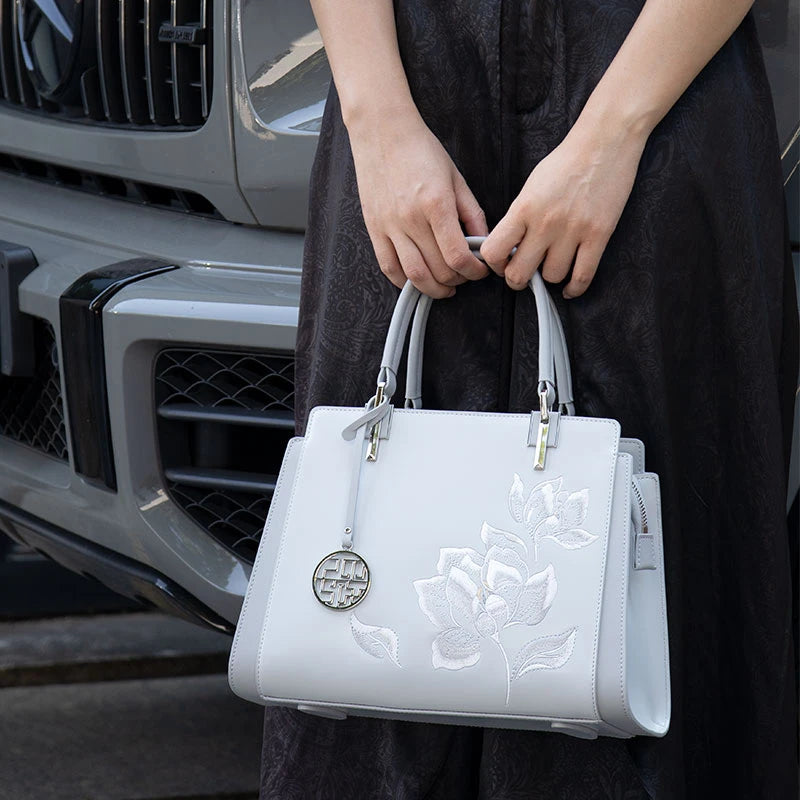 Embroidery Leather Magnolia Crossbody Tote Bag Women Handbag - 图片 9