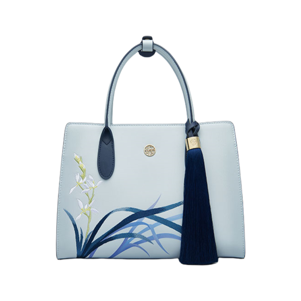 Embroidery Leather Tote Bag Blue Orchid with Pendant