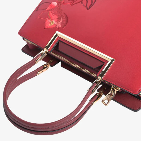 Sinocultural Embroidery Leather Red Tote Bag Magnolia Women's Handbag - 图片 8