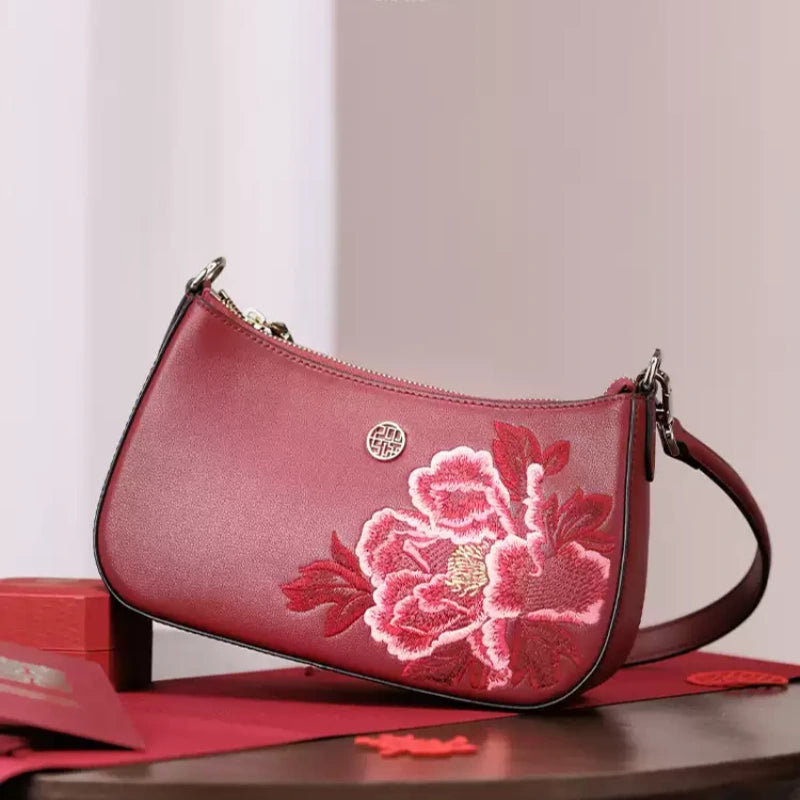 Embroidery Leather Red Shoulder Bag Peony Women's Hobo Handbag - 图片 5