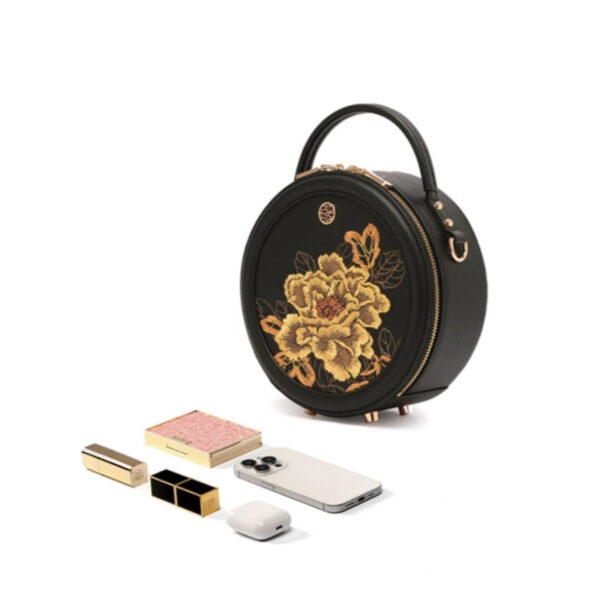 Embroidery Leather Round Handbag High Luxury Royal Gold Peony - 图片 7