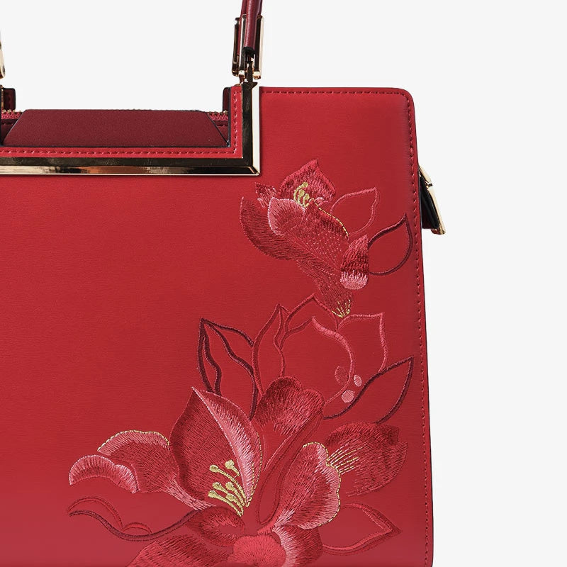 Sinocultural Embroidery Leather Red Tote Bag Magnolia Women's Handbag - 图片 7