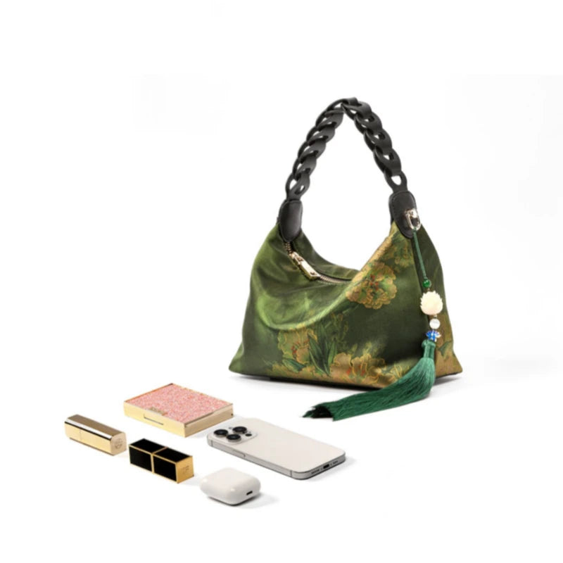 Xiangyunsha Silk Dark Green Mulberry Silk Shoulder Bag - 图片 11