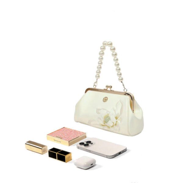 Embroidery Leather Kiss Lock Clutch Bag Lotus Evening Handbag - 图片 17