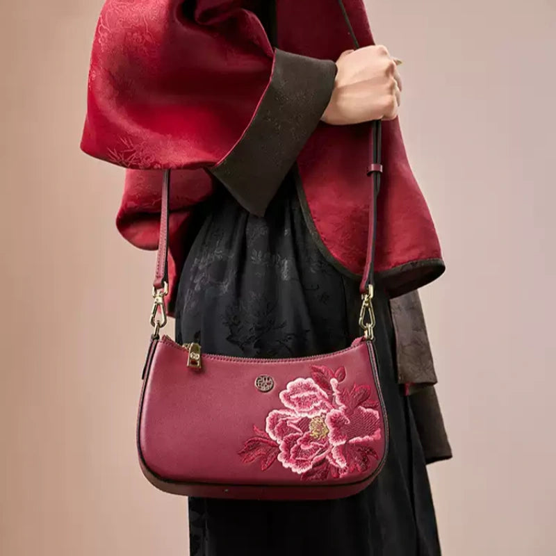 Embroidery Leather Red Shoulder Bag Peony Women's Hobo Handbag - 图片 4