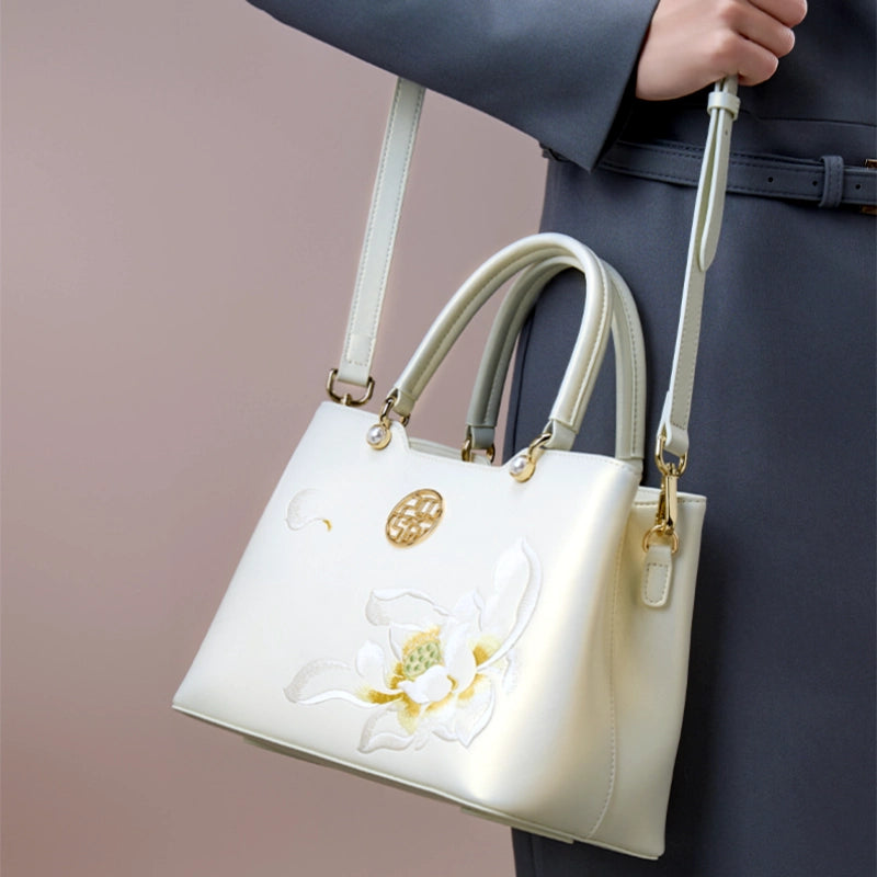 Embroidery Leather White Crossbody Tote Bag Lotus Luxury Gift - 图片 3