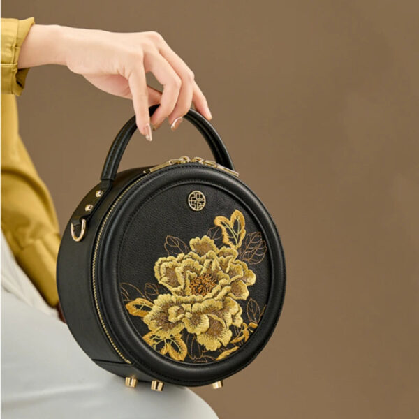 Embroidery Leather Round Handbag High Luxury Royal Gold Peony - 图片 4