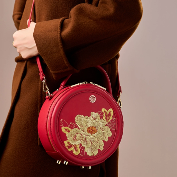 Embroidery Leather Round Handbag High Luxury Royal Gold Peony - 图片 5