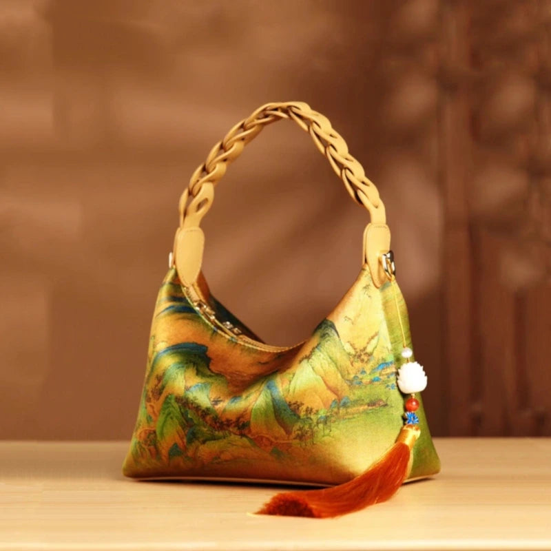 Chinese Painting Xiangyunsha Silk Shoulder Bag Designer Handbag - 图片 6