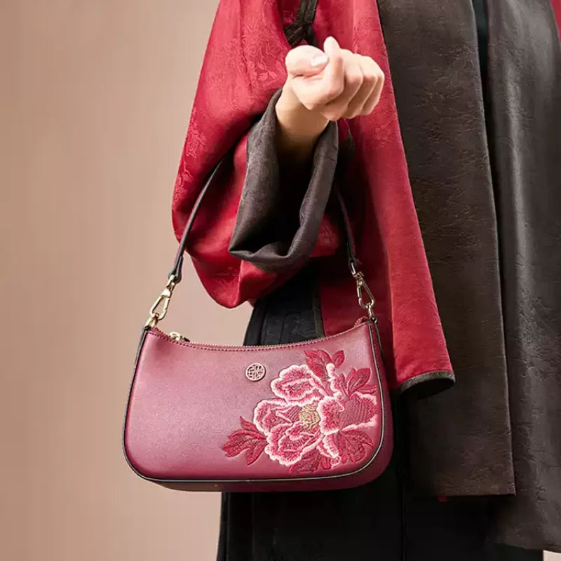 Embroidery Leather Red Shoulder Bag Peony Women's Hobo Handbag - 图片 3