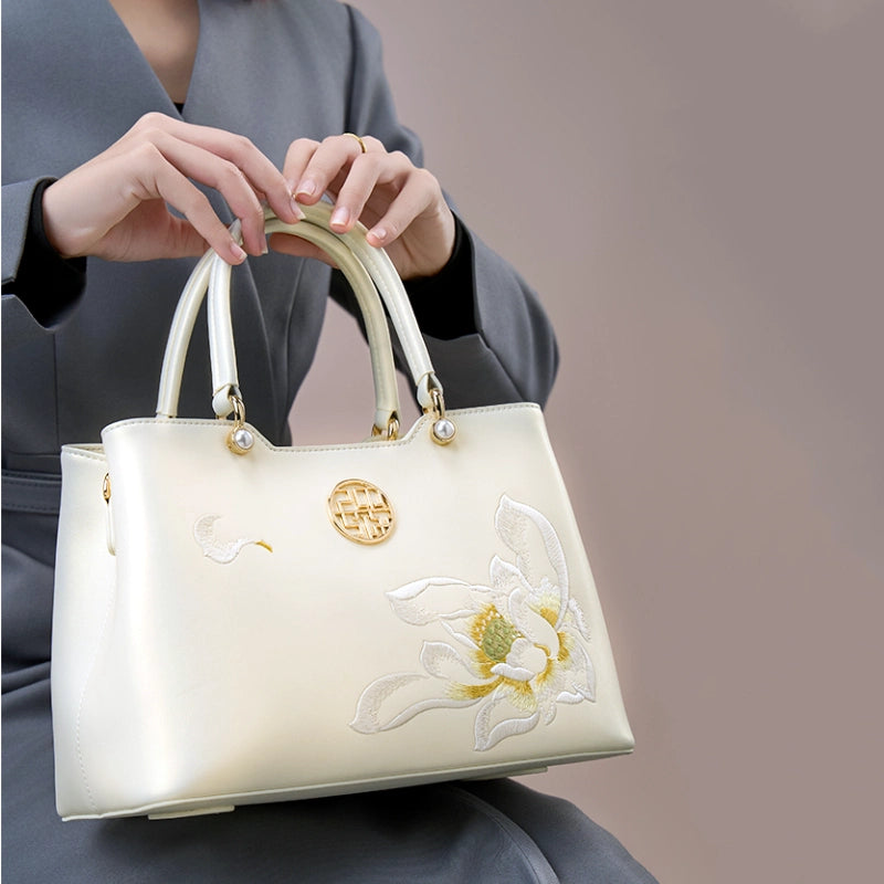 Embroidery Leather White Crossbody Tote Bag Lotus Luxury Gift - 图片 4