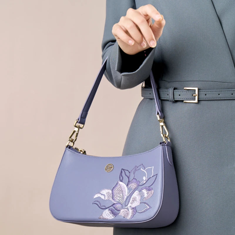 Embroidery Leather Red Shoulder Bag Peony Women's Hobo Handbag - 图片 6