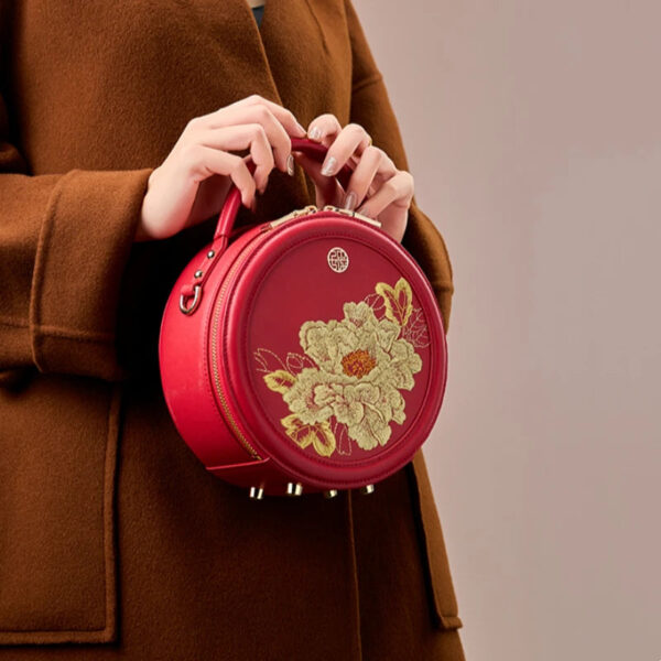 Embroidery Leather Round Handbag High Luxury Royal Gold Peony - 图片 6