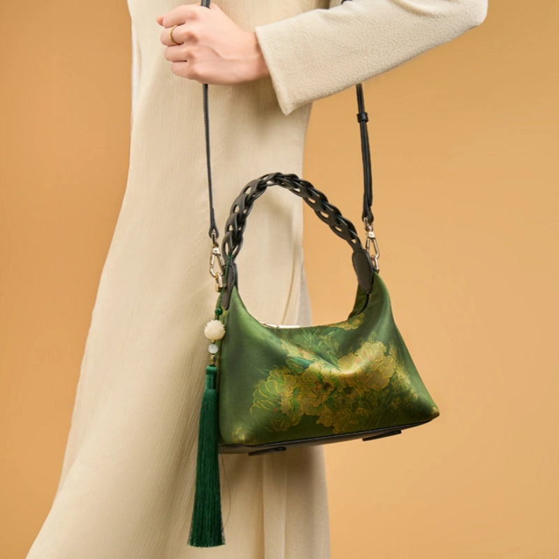 Xiangyunsha Silk Dark Green Mulberry Silk Shoulder Bag - 图片 2