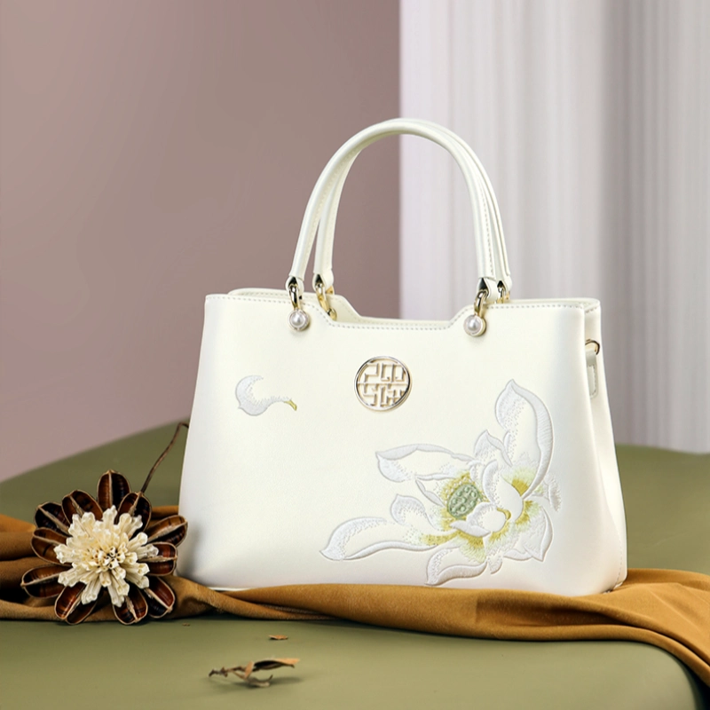 Embroidery Leather White Crossbody Tote Bag Lotus Luxury Gift - 图片 8