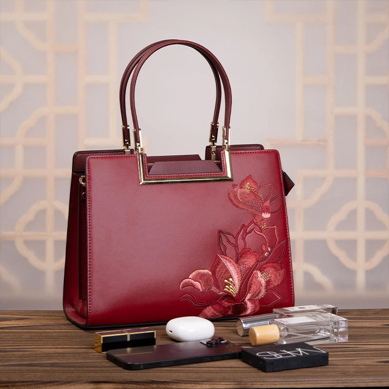 Sinocultural Embroidery Leather Red Tote Bag Magnolia Women's Handbag - 图片 6