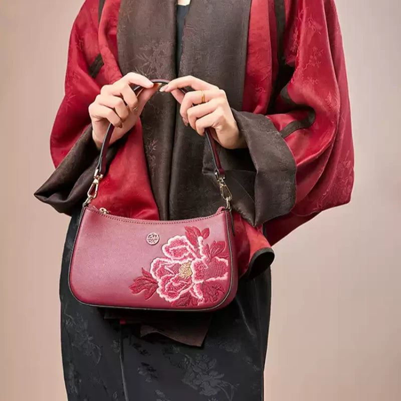 Embroidery Leather Red Shoulder Bag Peony Women's Hobo Handbag - 图片 2