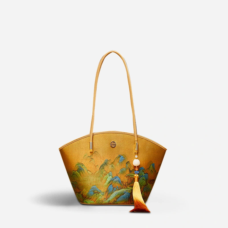 Chinese Painting Mulberry Silk Tote Bag Green Women Handbag - 图片 11