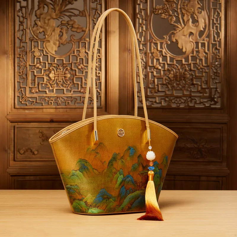 Chinese Painting Mulberry Silk Tote Bag Green Women Handbag - 图片 7