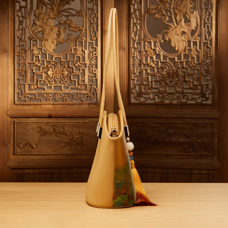 Chinese Painting Mulberry Silk Tote Bag Green Women Handbag - 图片 8