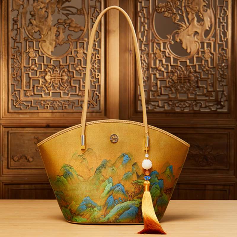Chinese Painting Mulberry Silk Tote Bag Green Women Handbag - 图片 6