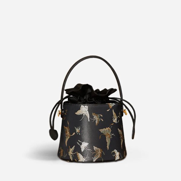 Brocade Black Bucket Bag Designer Butterfly Handbag - 图片 11