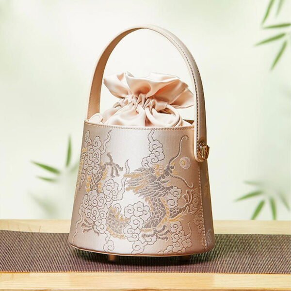 Brocade Jacquard Leather Drawstring Bucket Bag - 图片 4