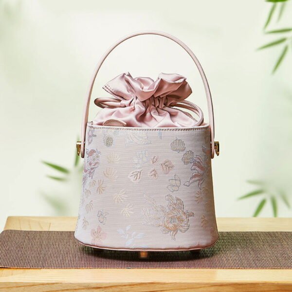 Brocade Jacquard Leather Drawstring Bucket Bag - 图片 2