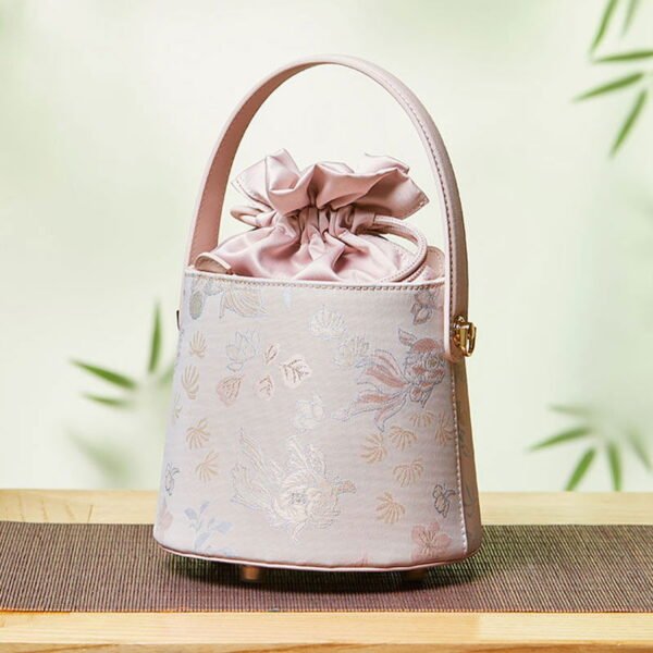 Brocade Jacquard Leather Drawstring Bucket Bag - 图片 3