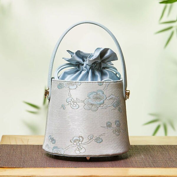 Brocade Jacquard Leather Drawstring Bucket Bag - 图片 2