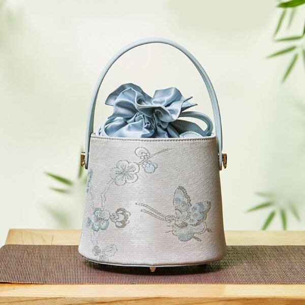 Brocade Jacquard Leather Drawstring Bucket Bag - 图片 3