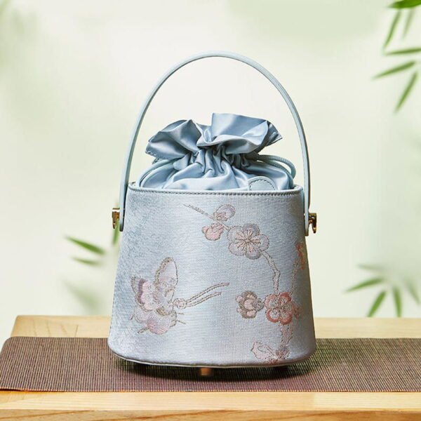 Brocade Jacquard Leather Drawstring Bucket Bag - 图片 2