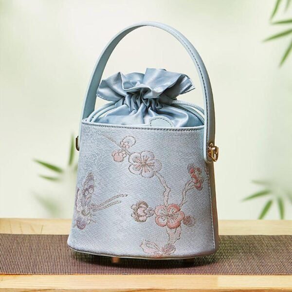 Brocade Jacquard Leather Drawstring Bucket Bag - 图片 3