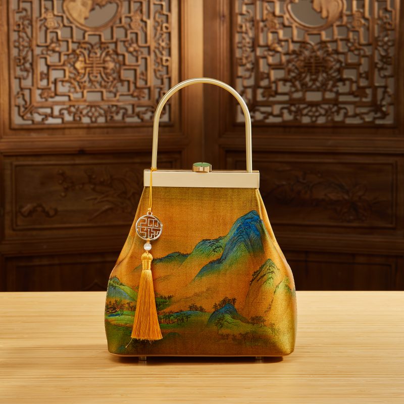 Chinese Painting Mulberry Silk Lux Kiss Lock Clutch Handbag - 图片 4