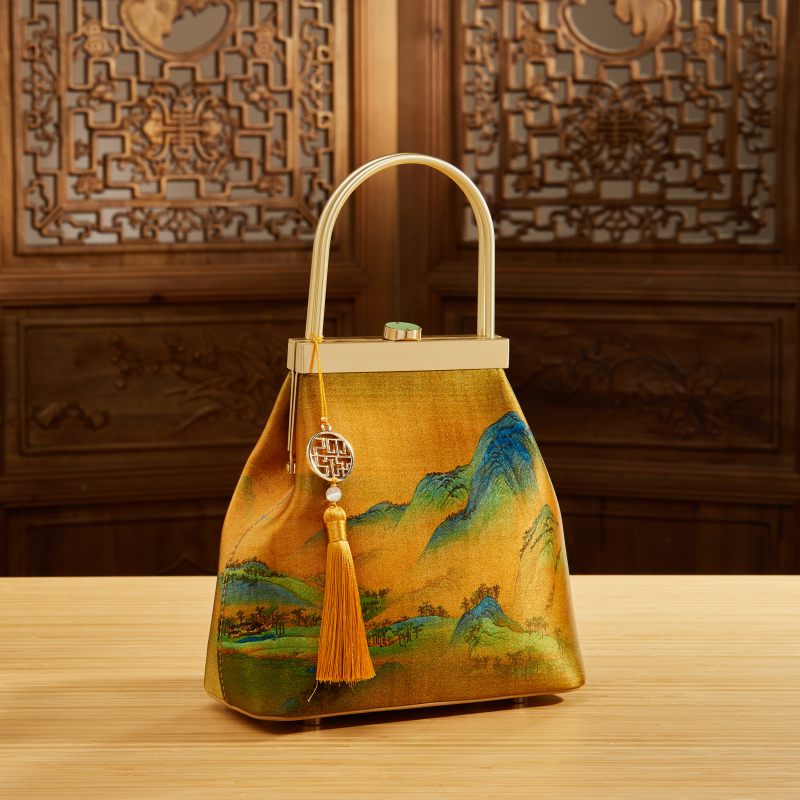 Chinese Painting Mulberry Silk Lux Kiss Lock Clutch Handbag - 图片 5