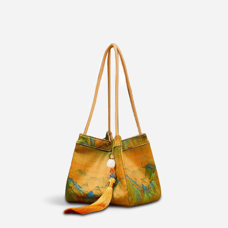 Chinese Painting Mulberry Silk Bucket Bag Vintage Handbag - 图片 9