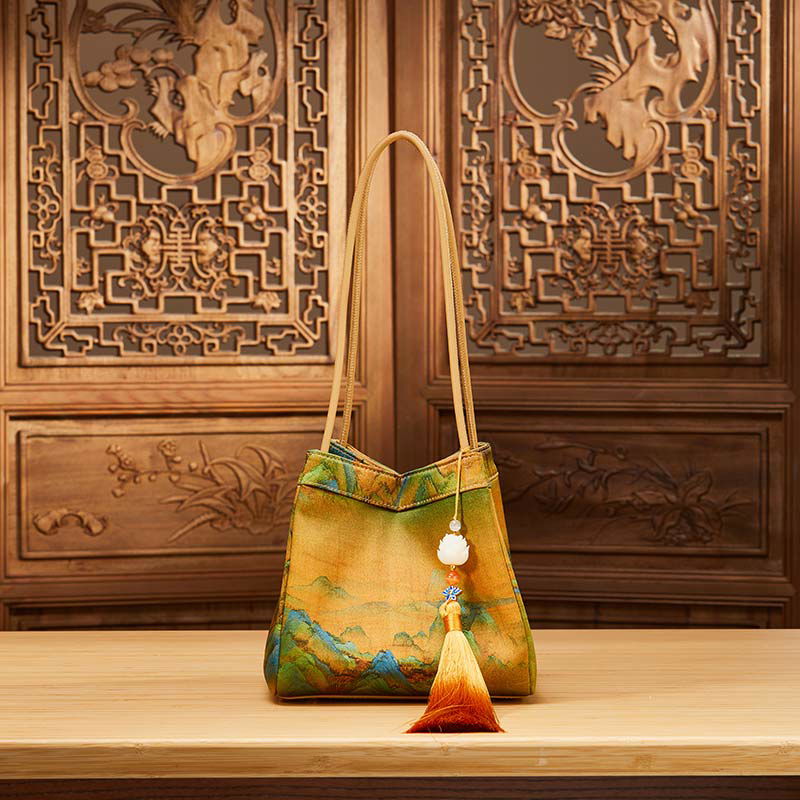 Chinese Painting Mulberry Silk Bucket Bag Vintage Handbag - 图片 4