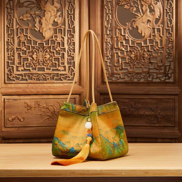 Chinese Painting Mulberry Silk Bucket Bag Vintage Handbag - 图片 5