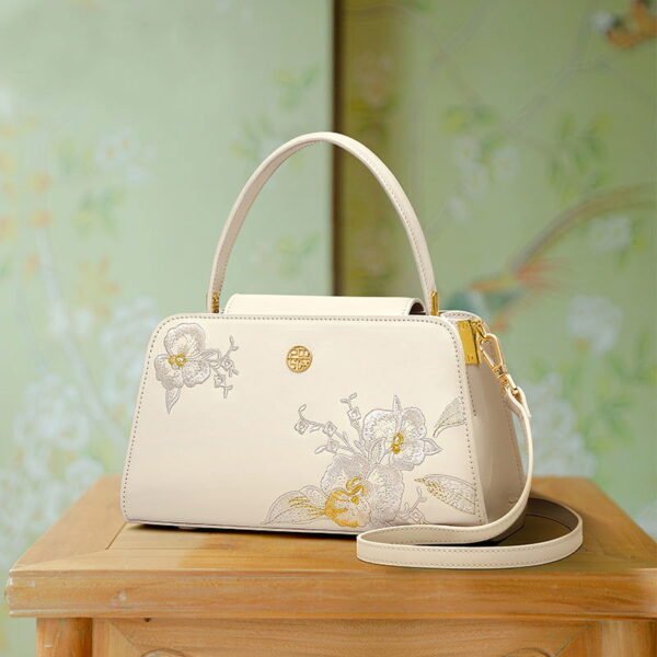 Embroidery Leather Floral Bag White Orchid Handbag - 图片 2