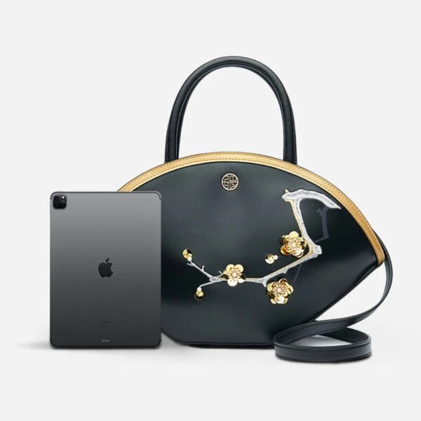 Embroidery Leather Black Basket Handbag 3D Peach Blossom - 图片 5