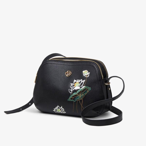 Embroidery Leather Shoulder Bag Black Lotus Handbag - 图片 6