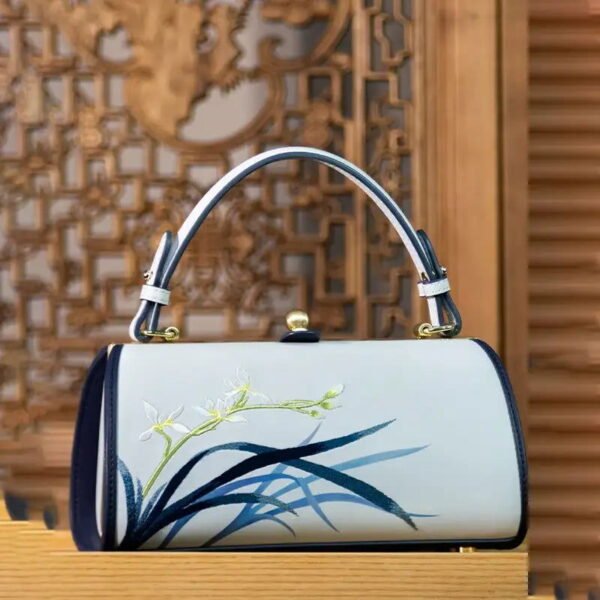 Embroidery Leather Blue Barrel Bag Orchid Cylinder Chain Handbag - 图片 4