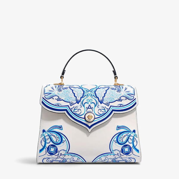 Embroidery Leather Blue Tote Bag Fortune Koi Fish Handbag - 图片 10